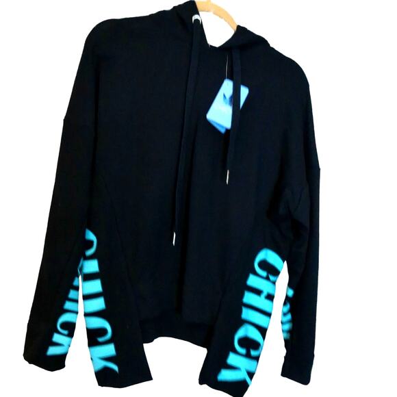 Chick NYC Womens Black Neon Asymetric Logo Hoodie Sweatshirt Size XS New - Picture 1 of 7